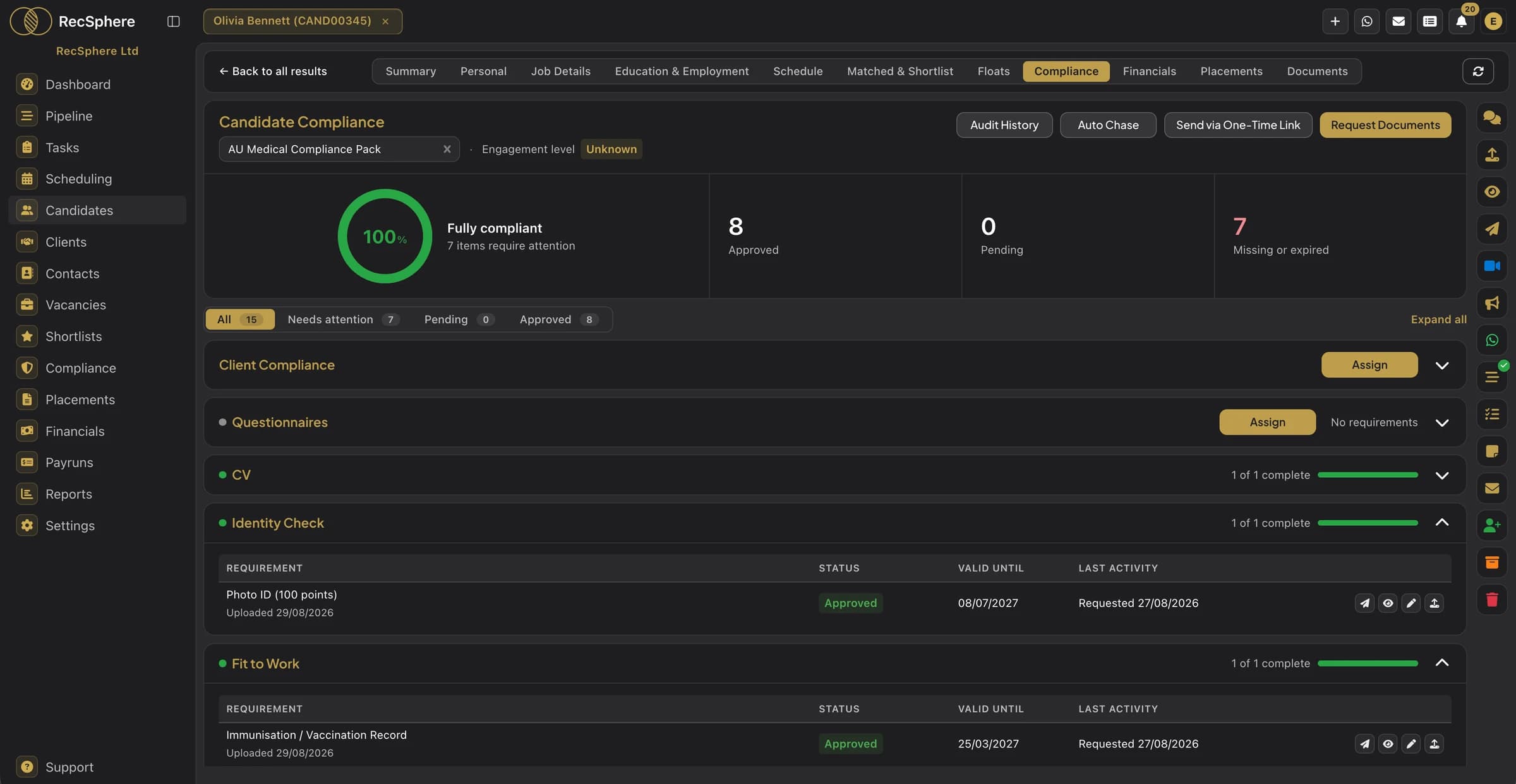 Candidate compliance showing each requirement's status and review date