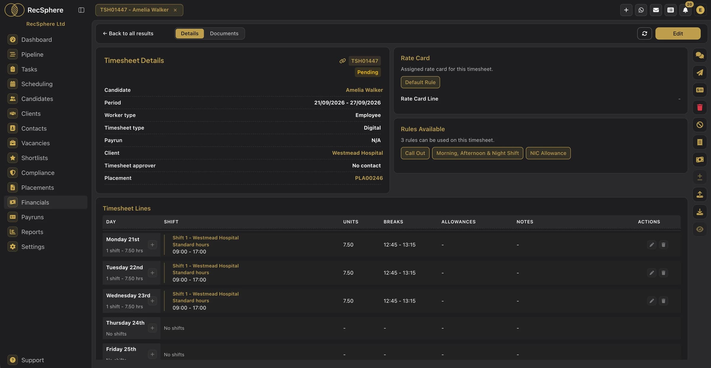Timesheet with rate card rules and shift lines